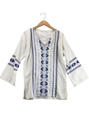 Vtg Mexican Chamula Tunic L White Blue Embroidery Aztec Boho Hippie Southwestern
